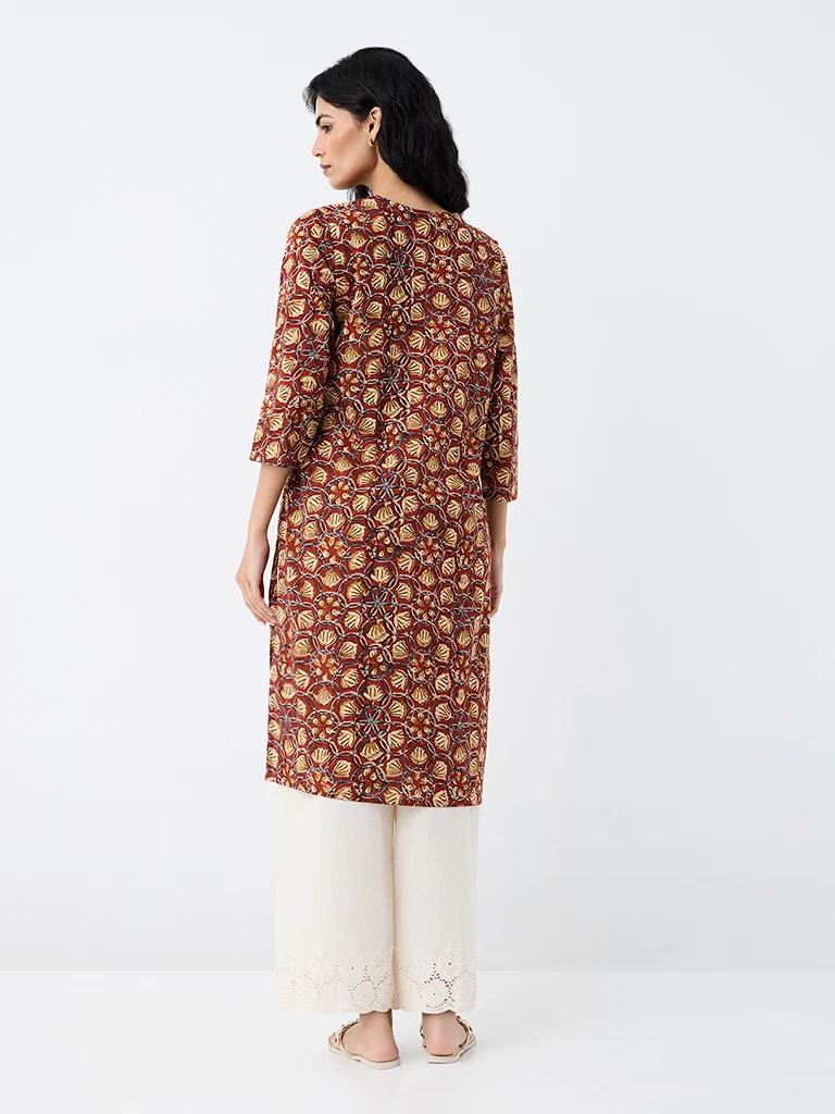 Utsa Red Floral Pattern Cotton Straight Kurta